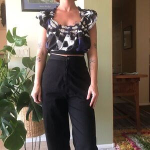 L.A.M.B. Blue Abstract Printed Bubble Sleeve Cropped Shirt Top Blouse